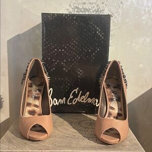 Sam Edelman Tan Peep Toe Heels with Studded Back